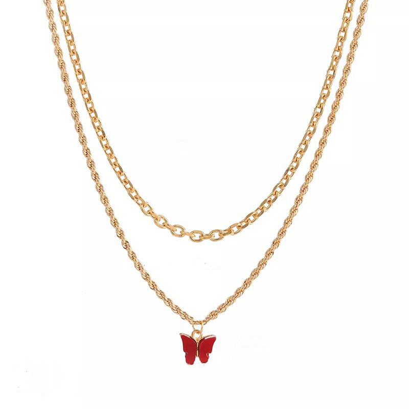 Red Butterfly Pendant With Golden Chain For Women