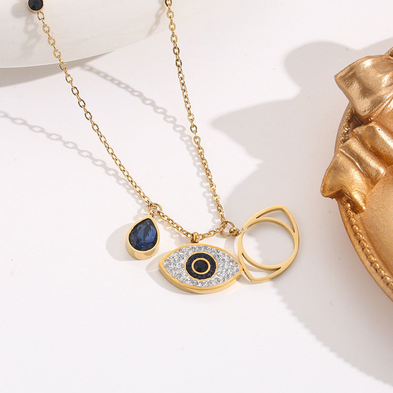 Stainless Steel Gold Plated American Diamond Studded Evil Eye Anti-Tarnish Pendant Necklace