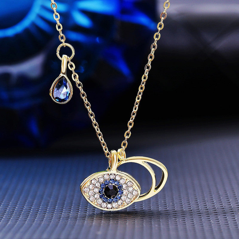 Stainless Steel Gold Plated American Diamond Studded Evil Eye Anti-Tarnish Pendant Necklace