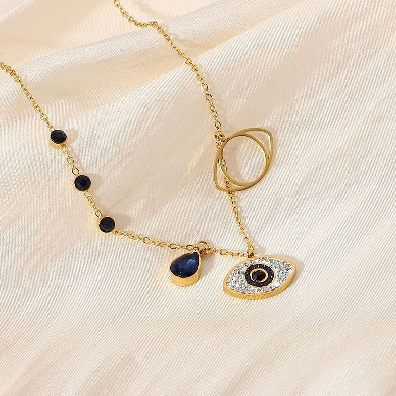 Stainless Steel Gold Plated American Diamond Studded Evil Eye Anti-Tarnish Pendant Necklace