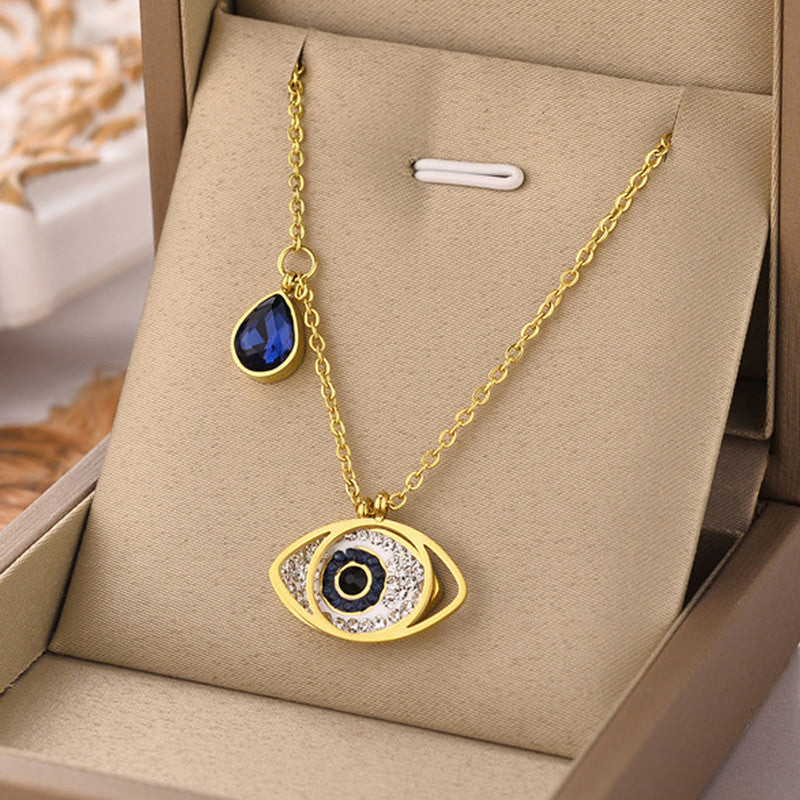 Stainless Steel Gold Plated American Diamond Studded Evil Eye Anti-Tarnish Pendant Necklace