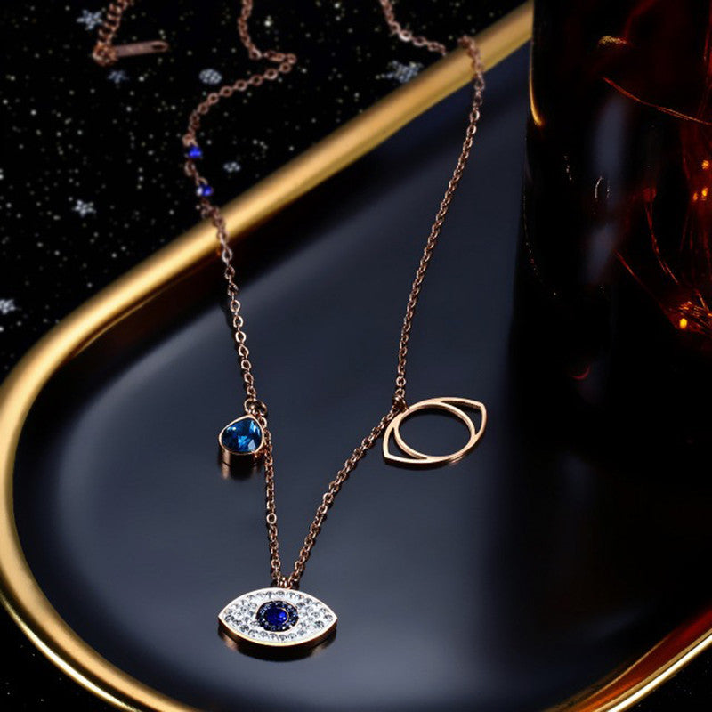 Stainless Steel Rose Gold Plated American Diamond Studded Evil Eye Pendant Necklace