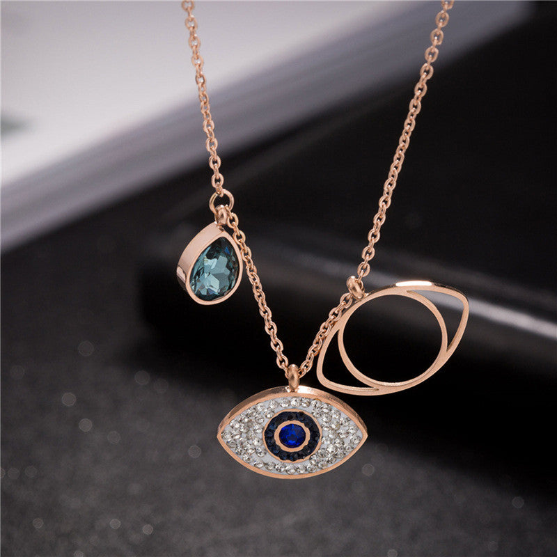 Stainless Steel Rose Gold Plated American Diamond Studded Evil Eye Pendant Necklace