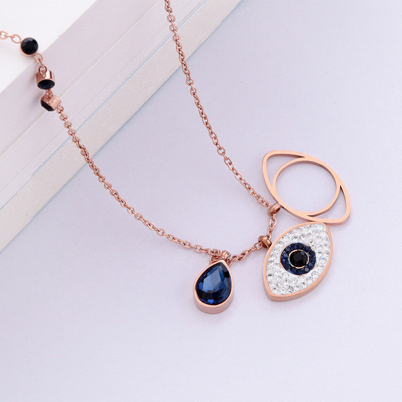 Stainless Steel Rose Gold Plated American Diamond Studded Evil Eye Pendant Necklace