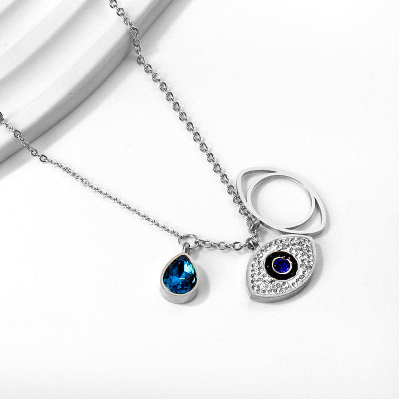 Stainless Steel Silver Plated American Diamond Studded Evil Eye Anti-Tarnish Pendant Necklace