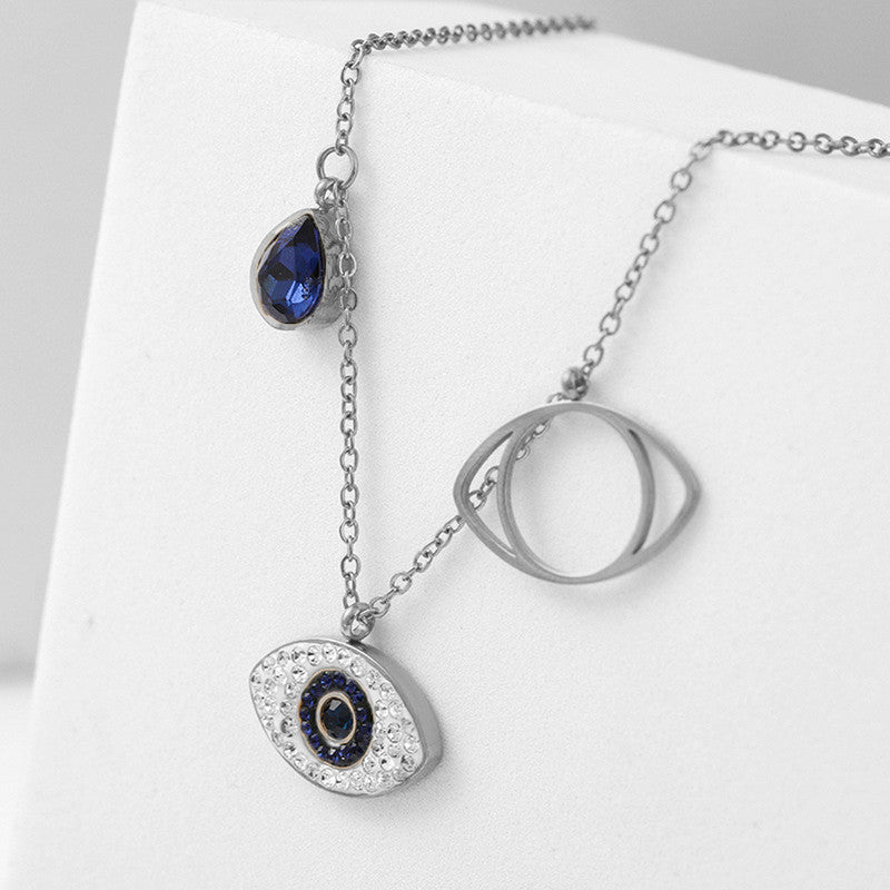 Stainless Steel Silver Plated American Diamond Studded Evil Eye Anti-Tarnish Pendant Necklace