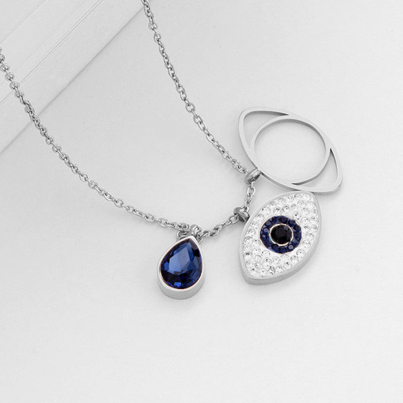 Stainless Steel Silver Plated American Diamond Studded Evil Eye Anti-Tarnish Pendant Necklace