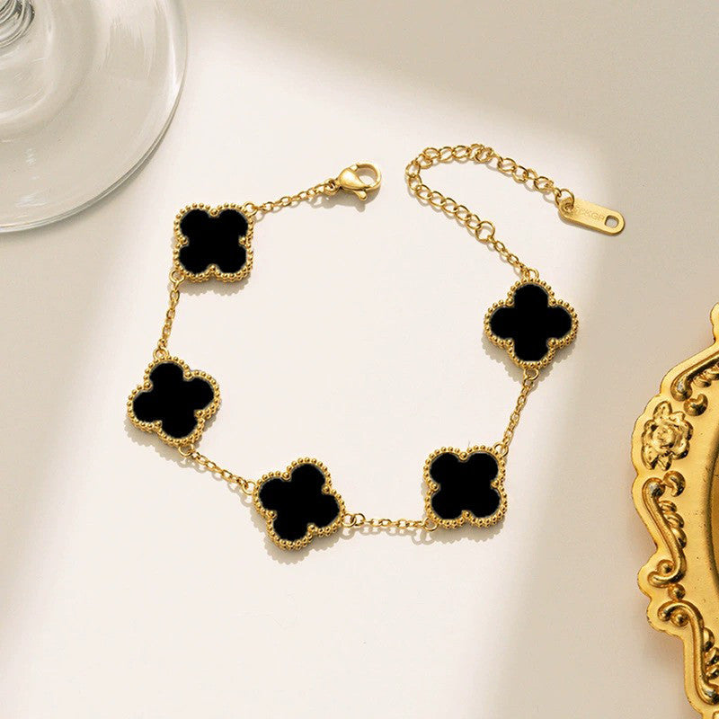 Stainless Steel Gold Plated Black Anti Tarnish Clover Bracelet For Girls And Women