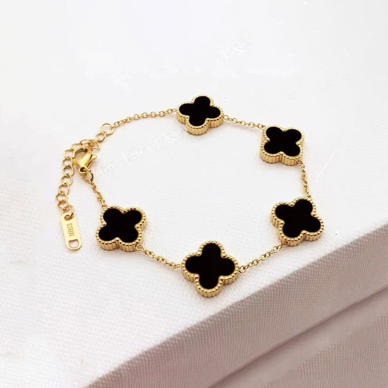 Stainless Steel Gold Plated Black Anti Tarnish Clover Bracelet For Girls And Women