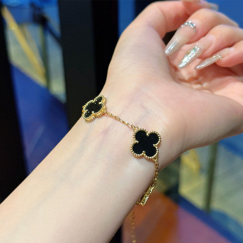 Stainless Steel Gold Plated Black Anti Tarnish Clover Bracelet For Girls And Women