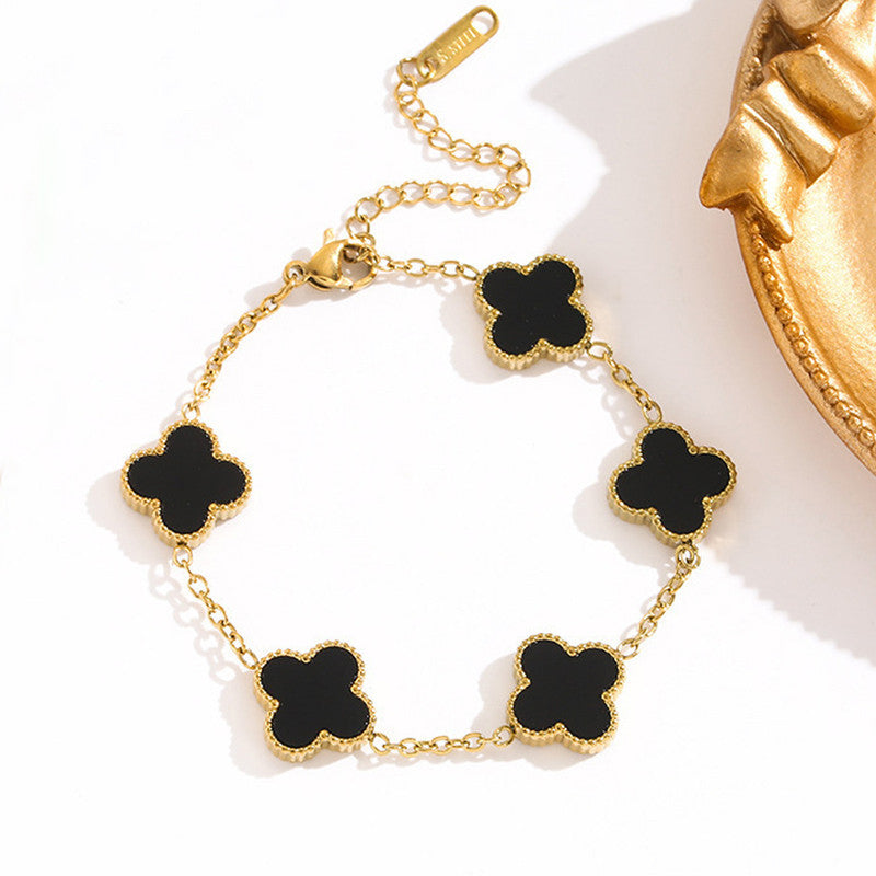 Stainless Steel Gold Plated Black Anti Tarnish Clover Bracelet For Girls And Women