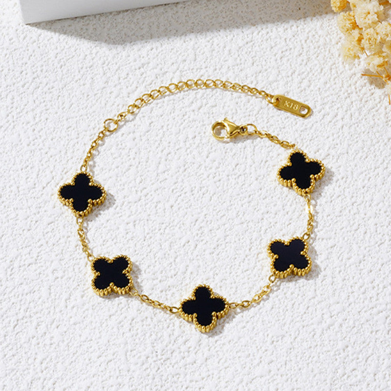 Stainless Steel Gold Plated Black Anti Tarnish Clover Bracelet For Girls And Women