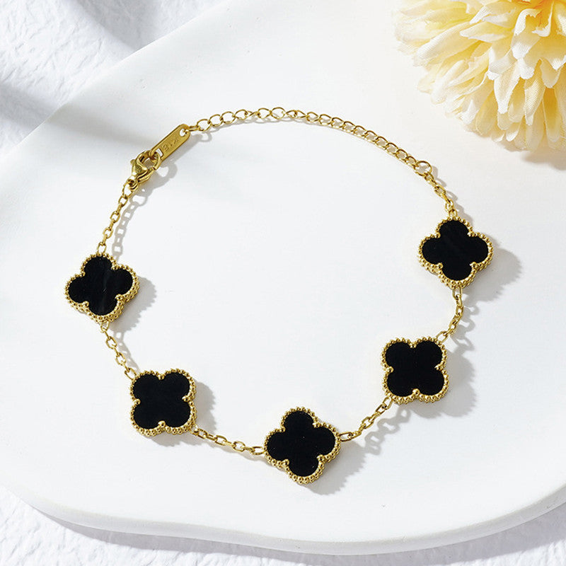 Stainless Steel Gold Plated Black Anti Tarnish Clover Bracelet For Girls And Women