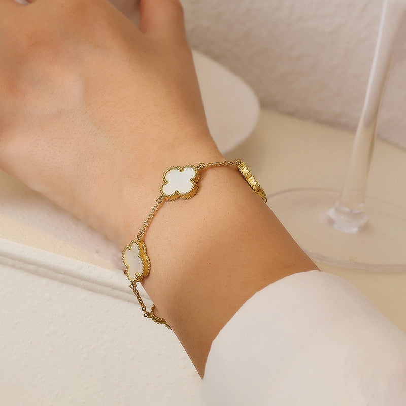 Stainless Steel Gold Plated White Anti Tarnish Clover Bracelet For Girls And Women