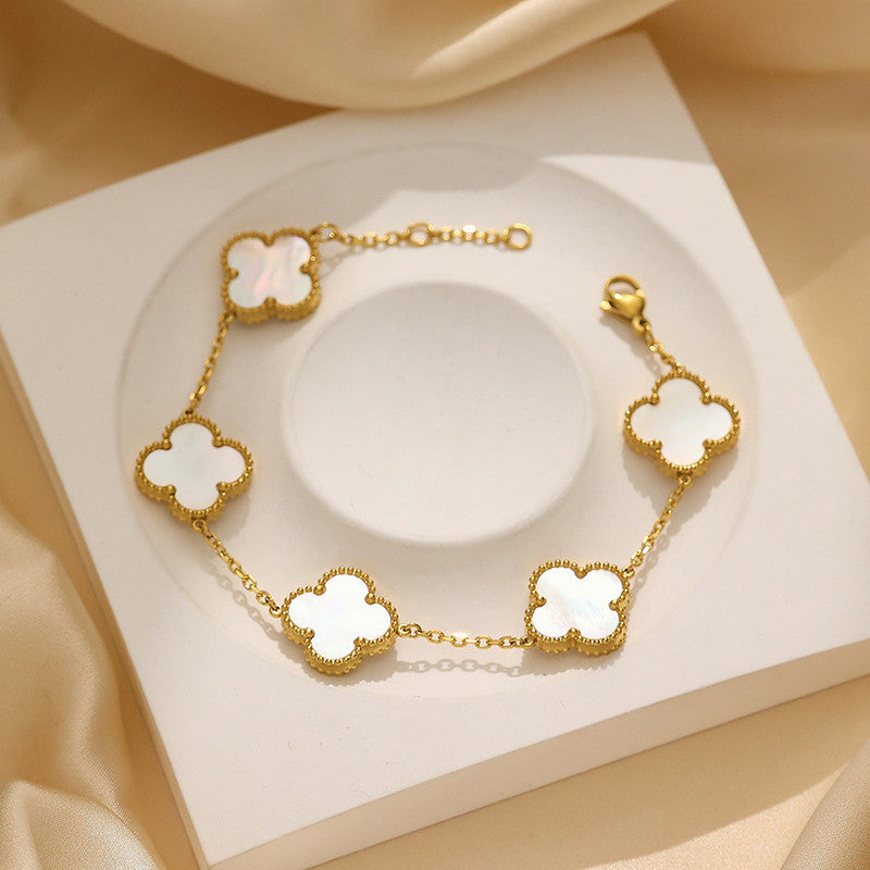 Stainless Steel Gold Plated White Anti Tarnish Clover Bracelet For Girls And Women