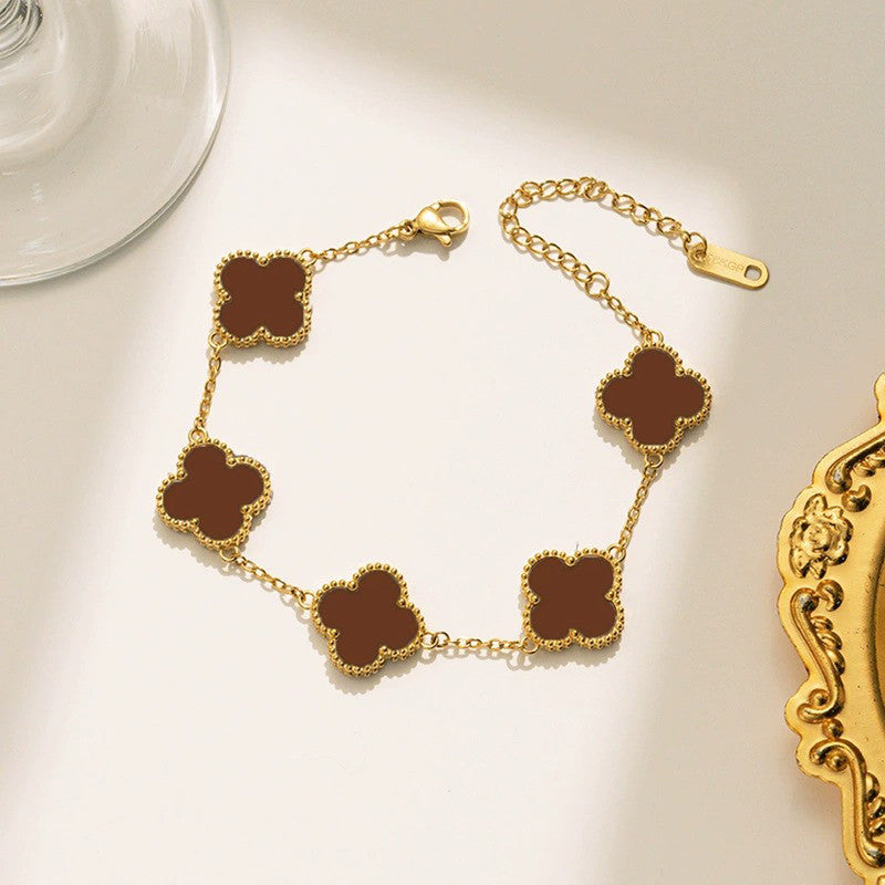 Stainless Steel Gold Plated Brown Anti Tarnish Clover Bracelet For Girls And Women