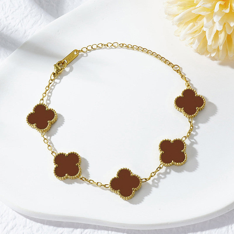 Stainless Steel Gold Plated Brown Anti Tarnish Clover Bracelet For Girls And Women