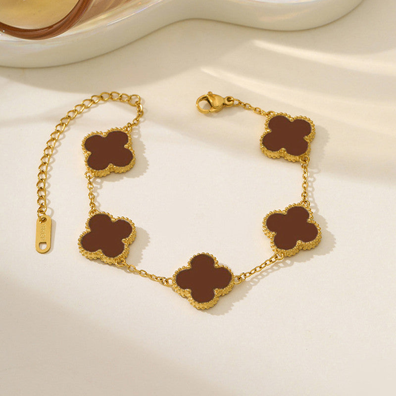 Stainless Steel Gold Plated Brown Anti Tarnish Clover Bracelet For Girls And Women