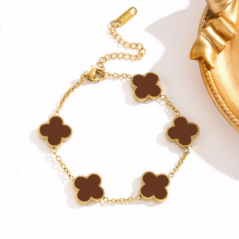 Stainless Steel Gold Plated Brown Anti Tarnish Clover Bracelet For Girls And Women