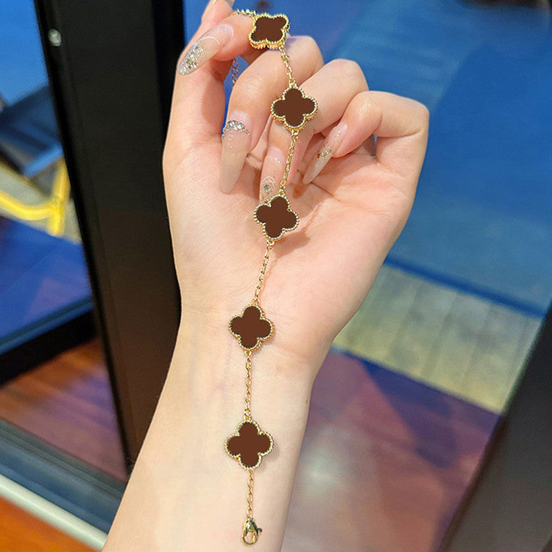 Stainless Steel Gold Plated Brown Anti Tarnish Clover Bracelet For Girls And Women