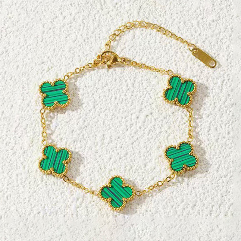 Stainless Steel Gold Plated Green Anti Tarnish Clover Bracelet For Girls And Women