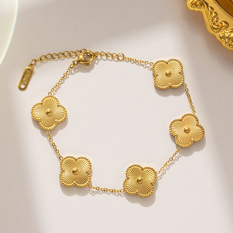 Stainless Steel Gold Plated Golden Anti Tarnish Clover Bracelet For Girls And Women