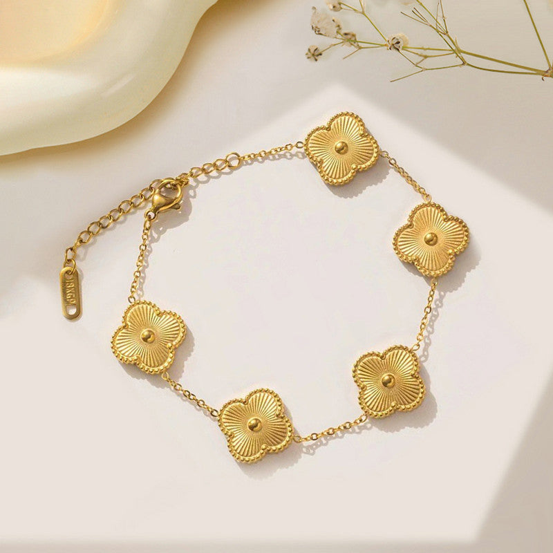 Stainless Steel Gold Plated Golden Anti Tarnish Clover Bracelet For Girls And Women