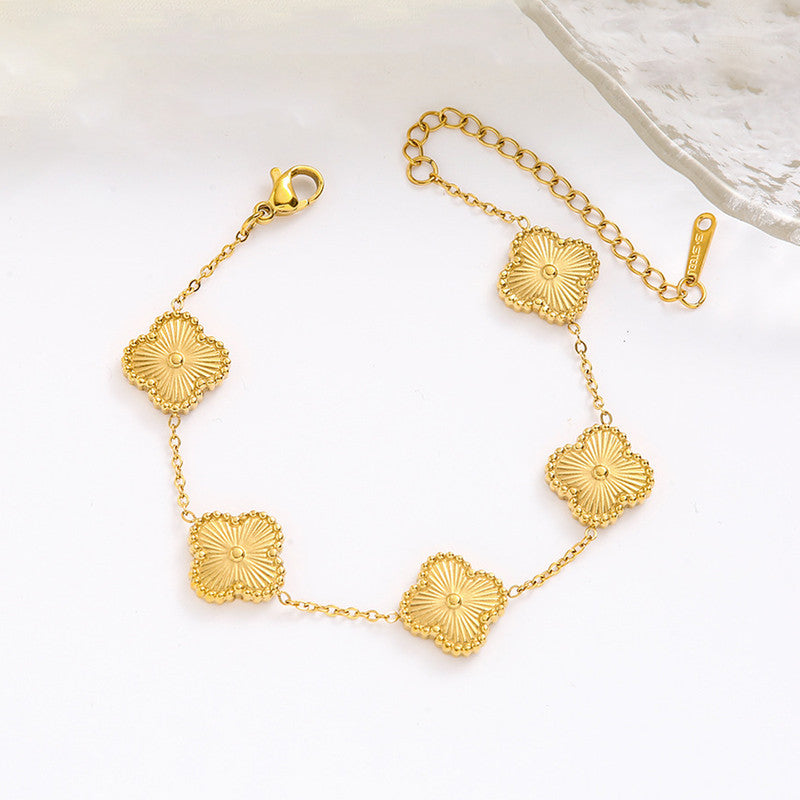 Stainless Steel Gold Plated Golden Anti Tarnish Clover Bracelet For Girls And Women