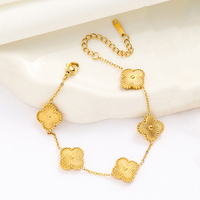 Stainless Steel Gold Plated Golden Anti Tarnish Clover Bracelet For Girls And Women