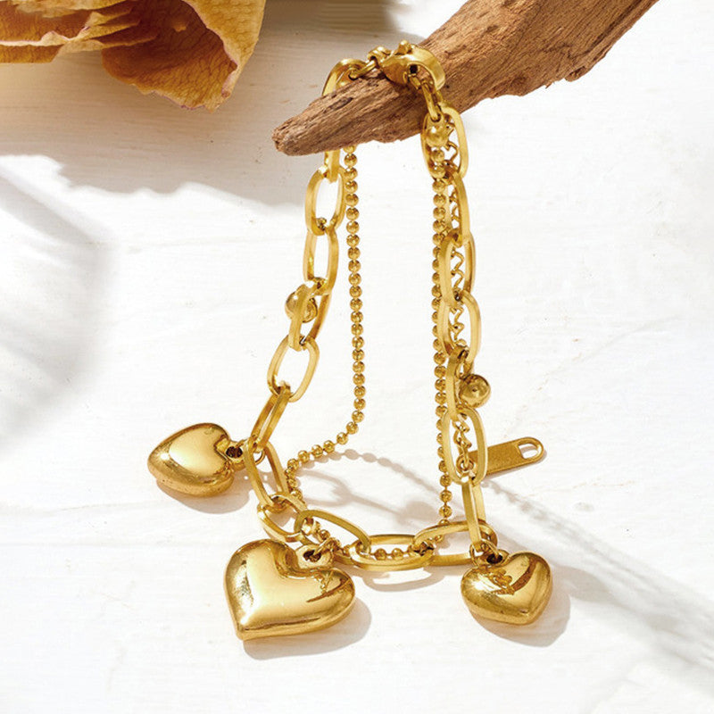 Gold Plated Stainless Steel Anti-Tarnish Heart Themed Wraparound Bracelet