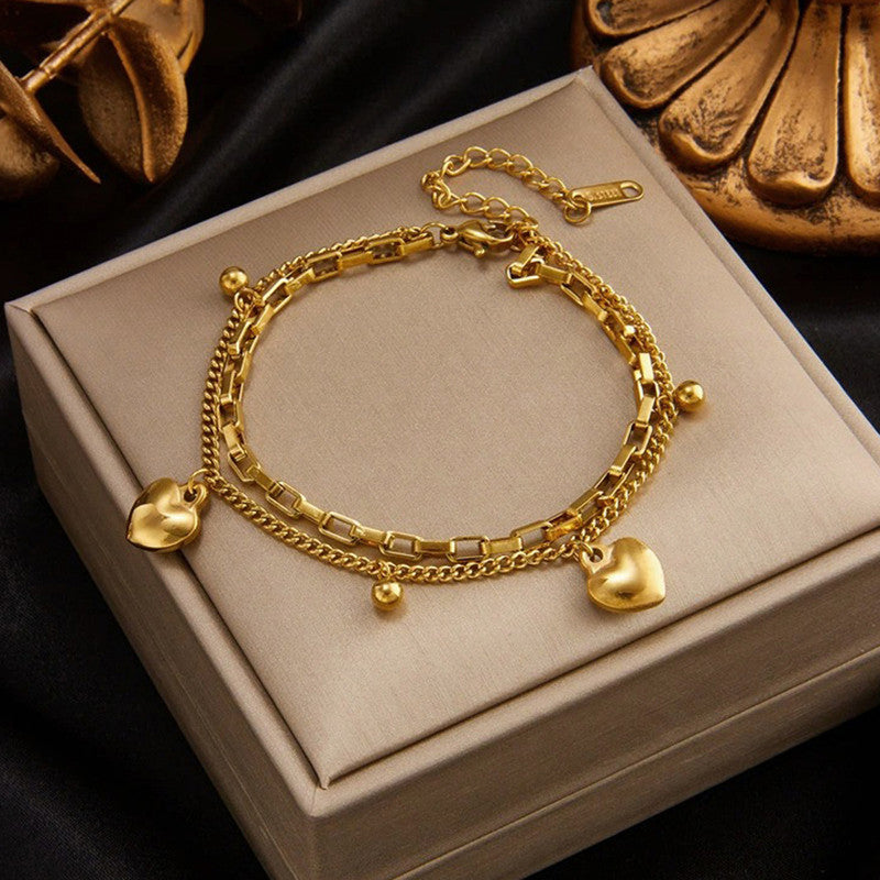 Gold Plated Stainless Steel Anti-Tarnish Heart Themed Wraparound Bracelet