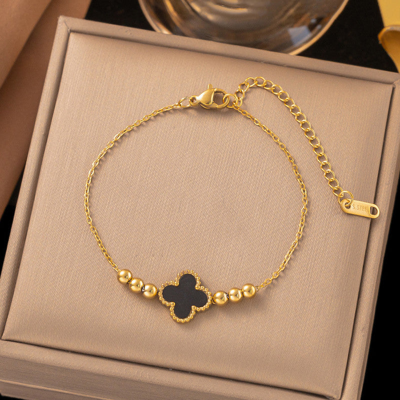 Gold Plated Stainless Steel Anti-Tarnish Black Clover Themed Wraparound Bracelet