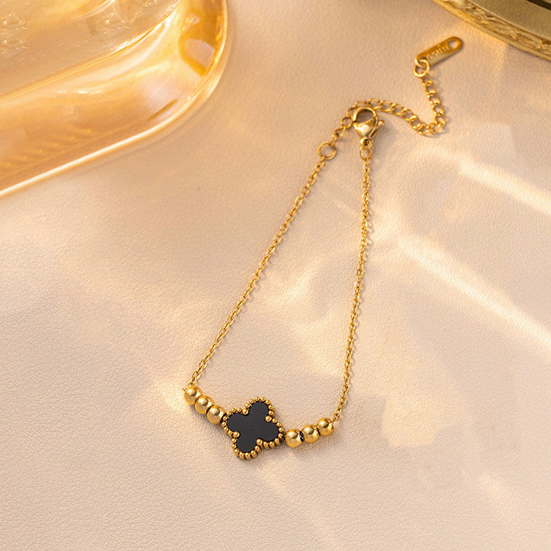 Gold Plated Stainless Steel Anti-Tarnish Black Clover Themed Wraparound Bracelet
