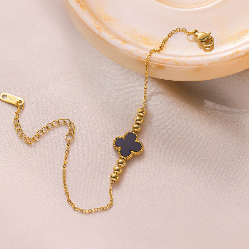 Gold Plated Stainless Steel Anti-Tarnish Black Clover Themed Wraparound Bracelet