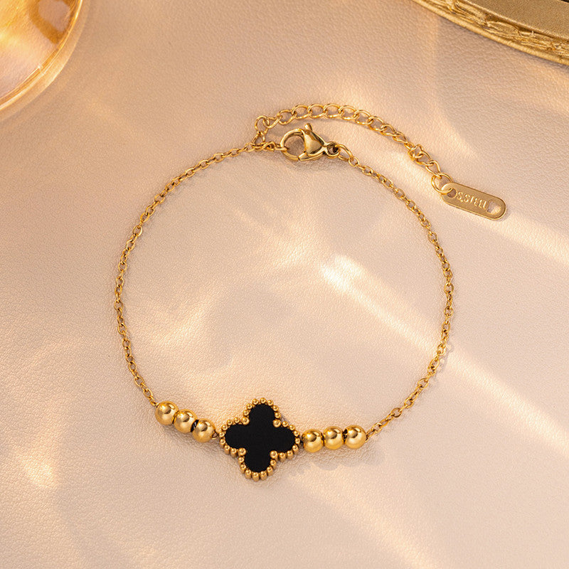 Gold Plated Stainless Steel Anti-Tarnish Black Clover Themed Wraparound Bracelet