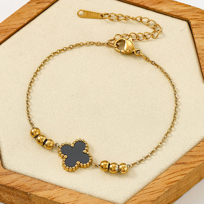 Gold Plated Stainless Steel Anti-Tarnish Black Clover Themed Wraparound Bracelet