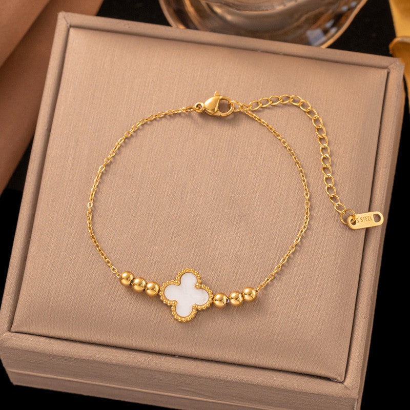 Gold Plated Stainless Steel Anti-Tarnish White Clover Themed Wraparound Bracelet