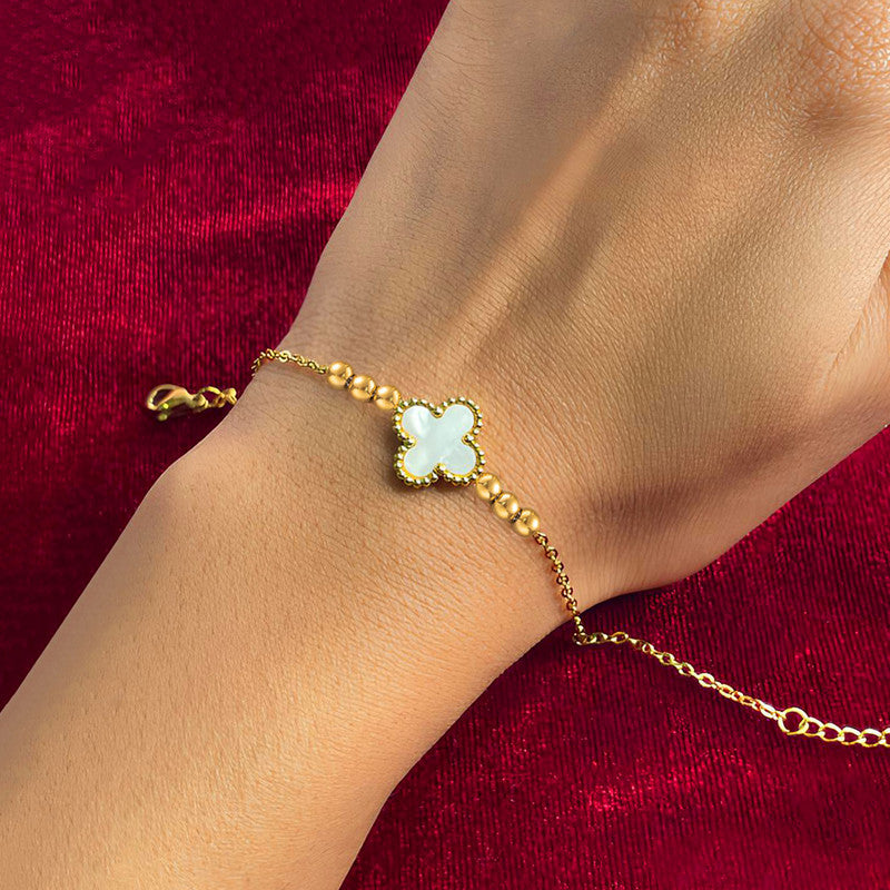 Gold Plated Stainless Steel Anti-Tarnish White Clover Themed Wraparound Bracelet