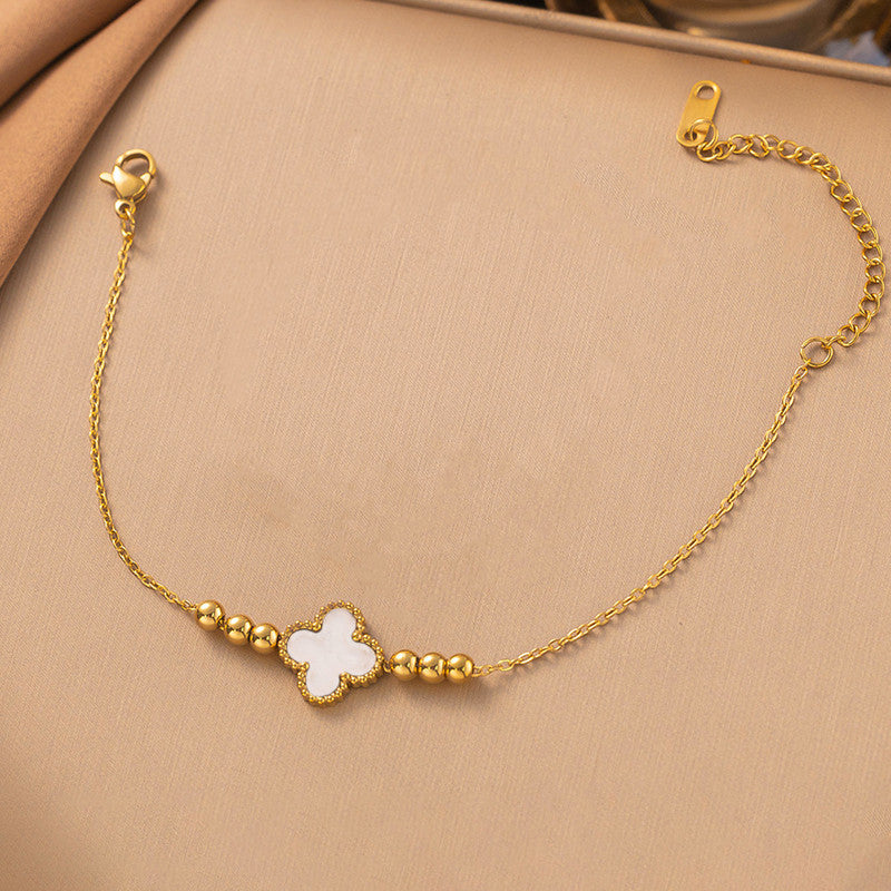 Gold Plated Stainless Steel Anti-Tarnish White Clover Themed Wraparound Bracelet