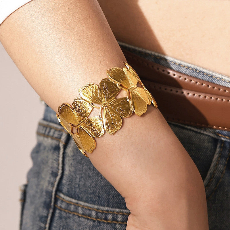 Gold Plated Anti Tarnish Stainless Steel Butterfly Themed Cuff Bracelet