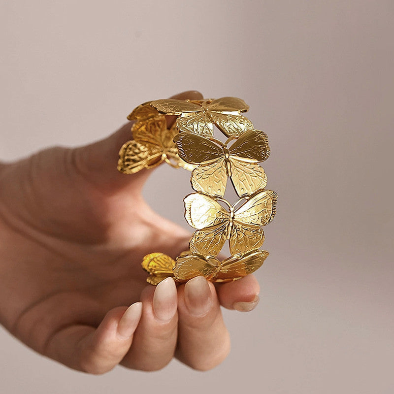 Gold Plated Anti Tarnish Stainless Steel Butterfly Themed Cuff Bracelet