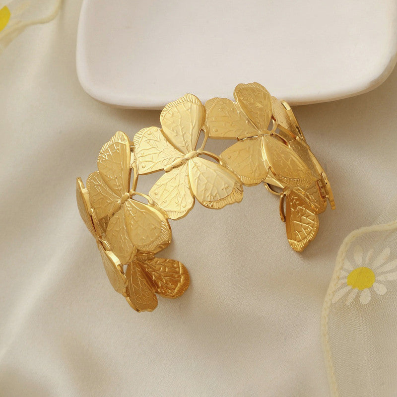 Gold Plated Anti Tarnish Stainless Steel Butterfly Themed Cuff Bracelet
