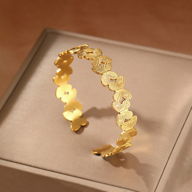 Gold Stainless Steel Butterfly Themed Cuff Bracelet
