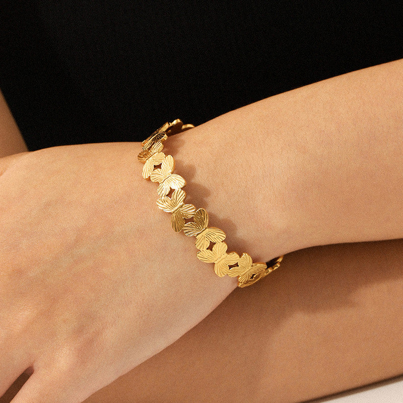 Gold Stainless Steel Butterfly Themed Cuff Bracelet