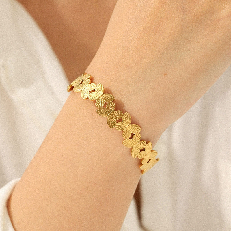 Gold Stainless Steel Butterfly Themed Cuff Bracelet
