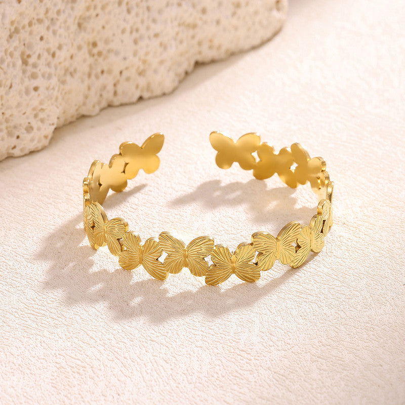 Gold Stainless Steel Butterfly Themed Cuff Bracelet