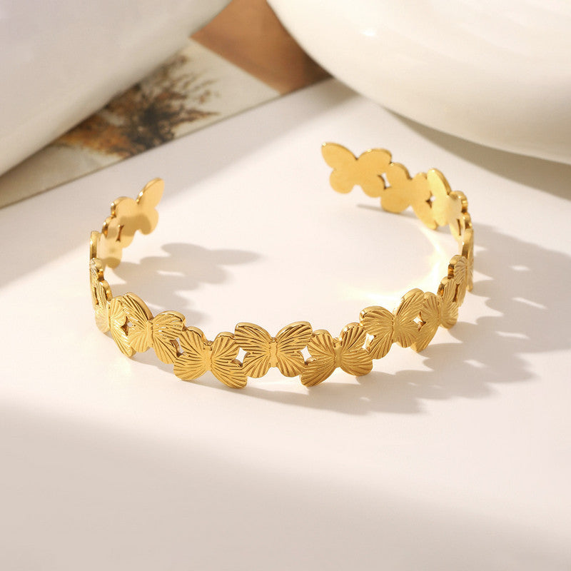 Gold Stainless Steel Butterfly Themed Cuff Bracelet