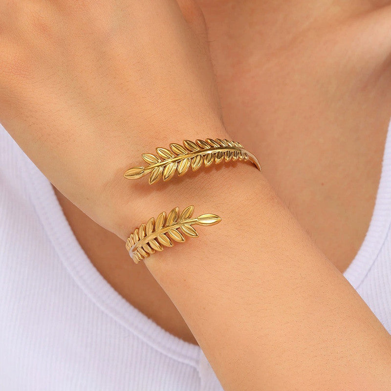 Gold Stainless Steel Leaf Themed Cuff Bracelet