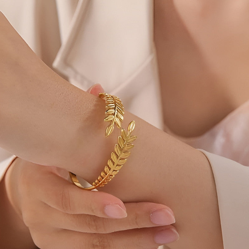 Gold Stainless Steel Leaf Themed Cuff Bracelet