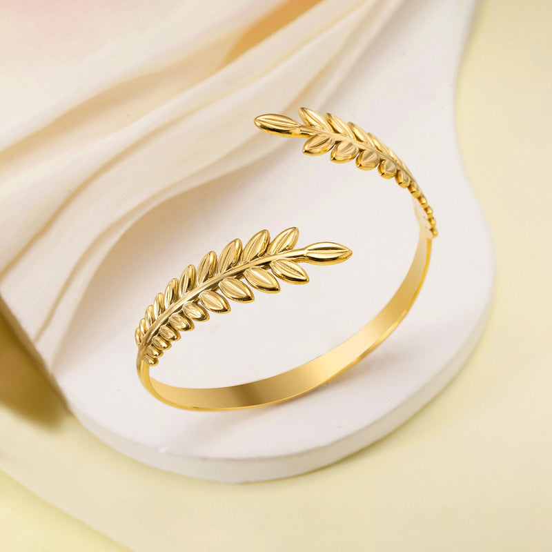 Gold Stainless Steel Leaf Themed Cuff Bracelet